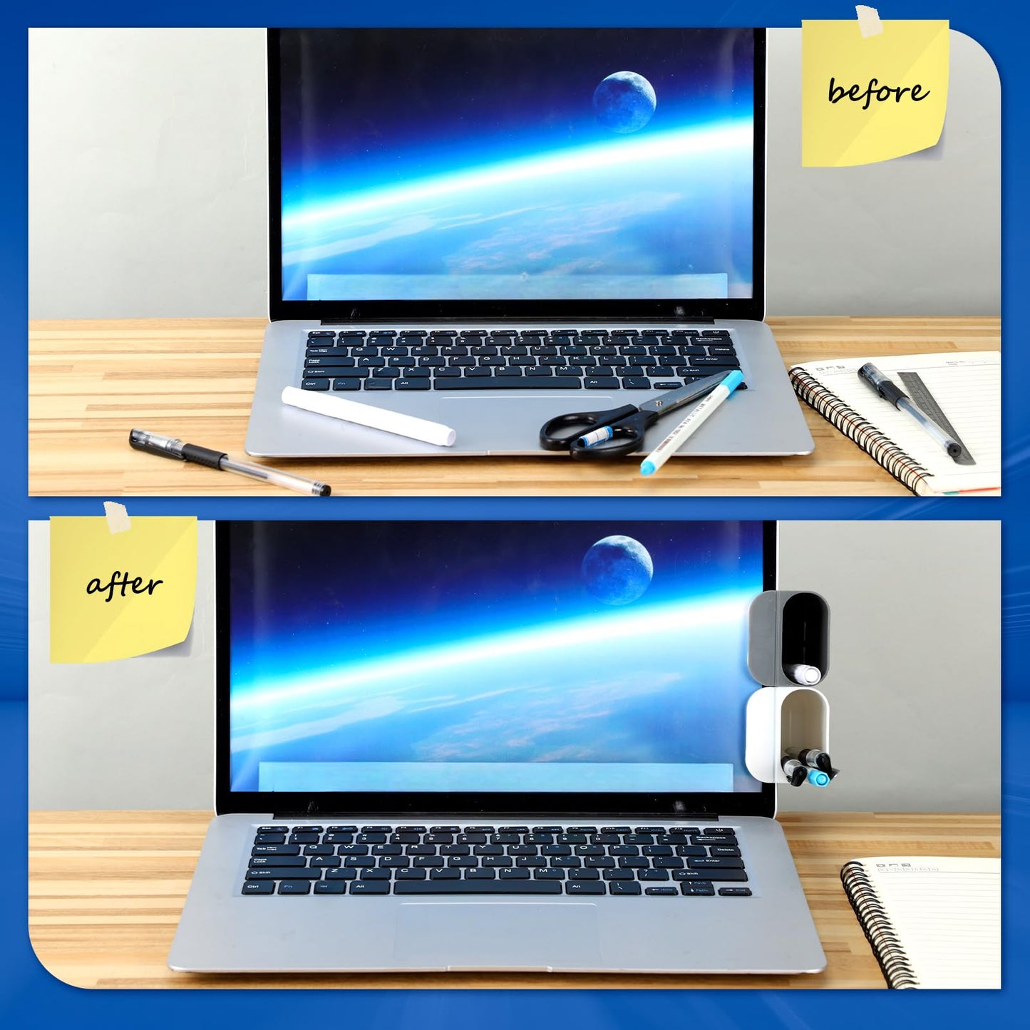 Resurhang 6 Pcs Screen Pen Pencil Holders Attachable Deskside Pen Holder Computer Monitor Desktop Pencil Organizer with Self Adhesive Attacher for Office Supplies Work Gadgets Storage(Gray, White)