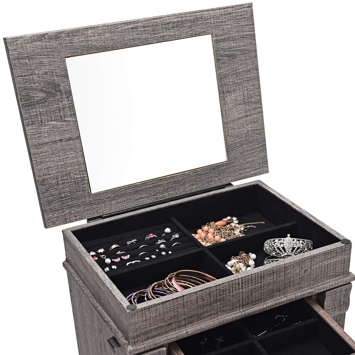 HOMGX 5 Drawers Jewelry Armoire Cabinet, Standing Jewelry Storage Chest with Mirror, 8 Necklace Hooks Wooden Jewelry Organizer, Bedroom Jewelry Furniture with 2 Side Swing Doors, Grey
