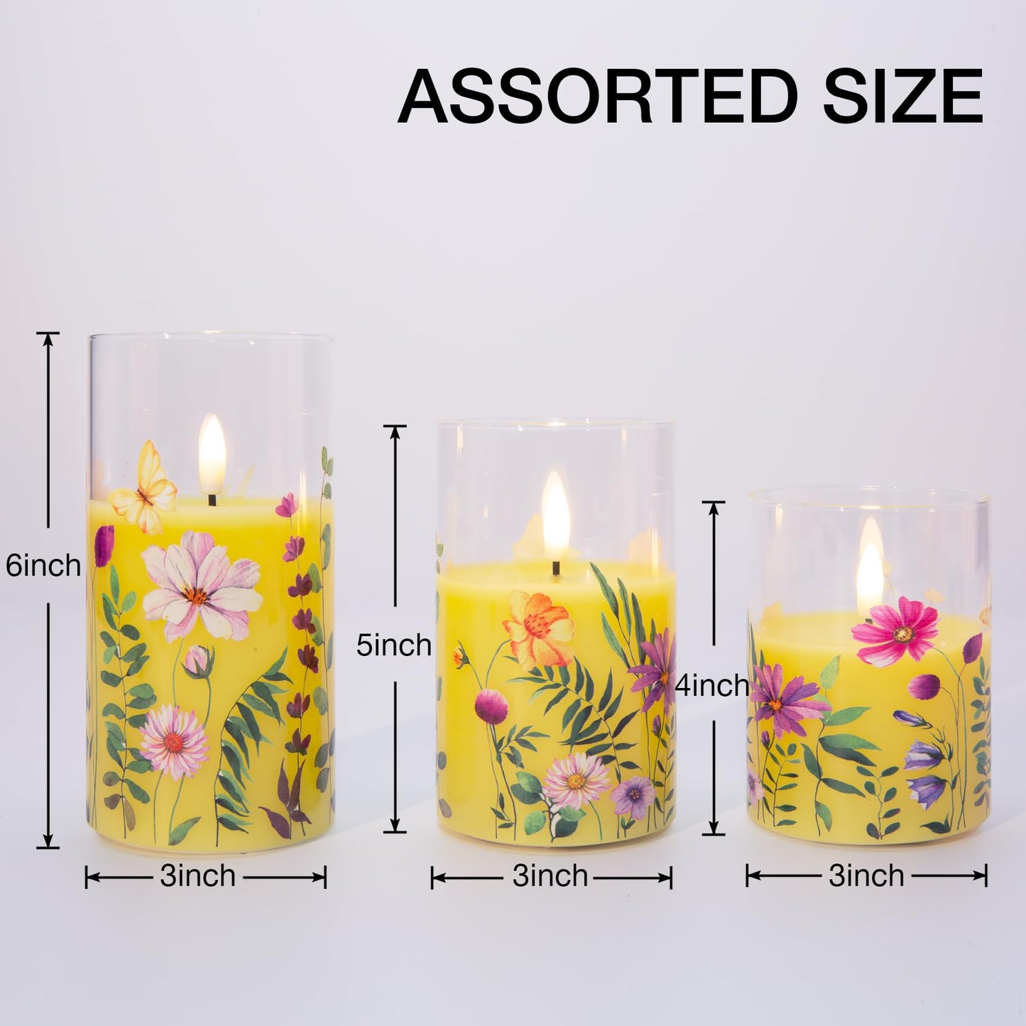 Eywamage Yellow Cosmos Floral Flameless Candles in Glass Jars, Flickering Battery LED Pillar Candles with Remote Set of 3