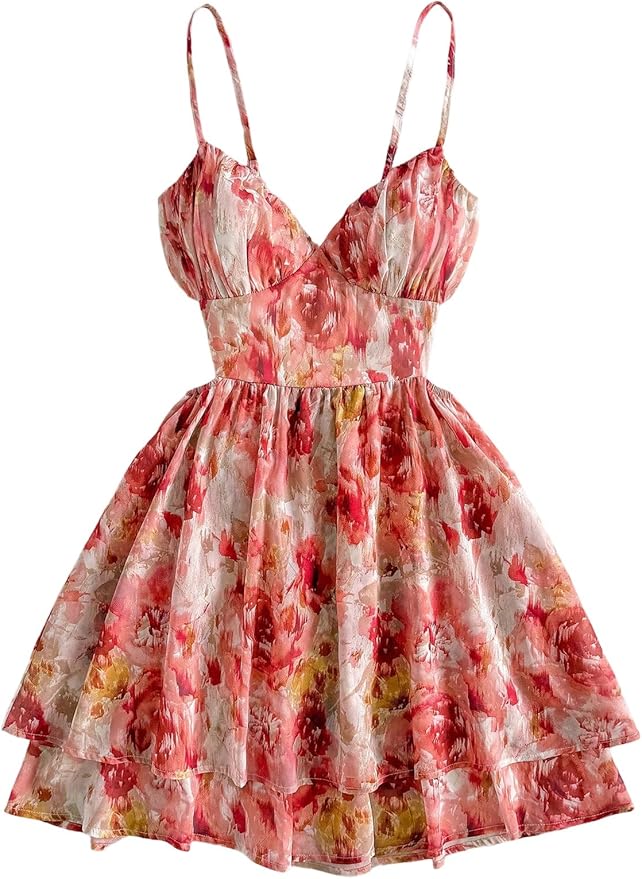 Verdusa Women's Floral Tie Backless Corset Dress Tiered Layered Sleeveless Flowy Dresses Festival Outfits