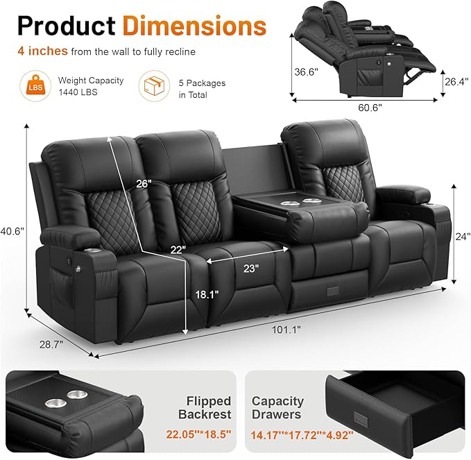 FURNIMAT Recliner Sofa, 4 Seater Dual Reclining Sofa with Flip Back Console, Modern PU Leather Recliner Couch for Living Room/RV, with Storage Drawer, USB Ports, Cup Holder, Cell Phone Holder, Black