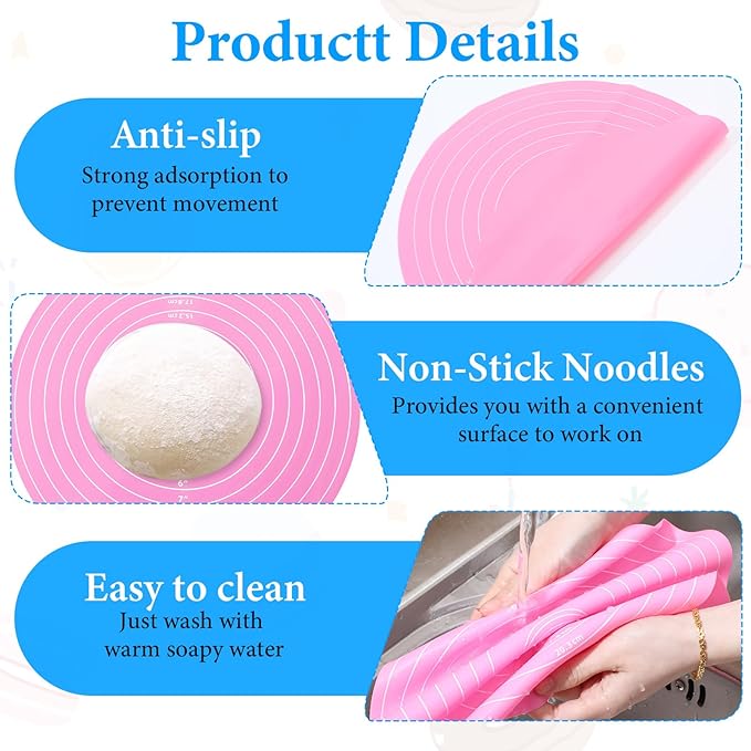 3Pcs Silicone Baking Mat Round Cake Turntable Mat with Measurements Reusable Silicone Baking Mats Non Stick Heat Resistant Pastry Bake Sheet for Pizza Pan Rolling Dough Pastry