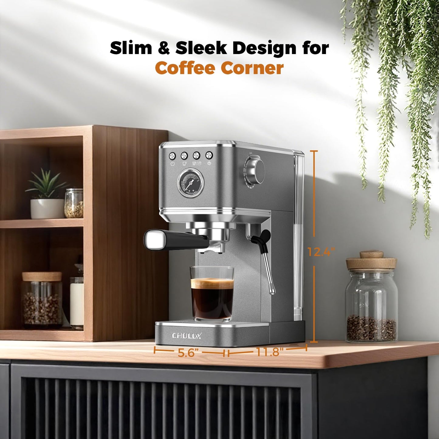 CHULUX Elite Espresso Machine with Milk Frother, Compact Hot and Ice Expresso Coffee Maker for Cappuccino, Latte and Americano, 20 Bar Italian High Pressure Pump, Metallic Gray