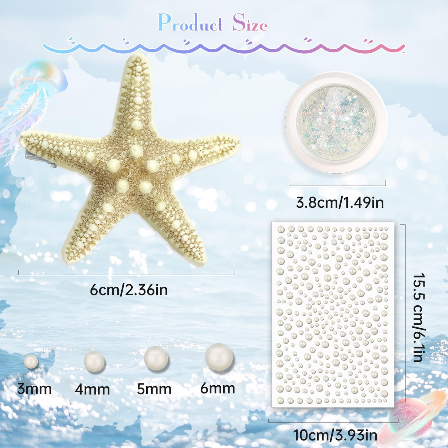 JELUTAR 6 Pcs Starfish Hair Clips Set, Mermaid Costume Accessories with Face Body Glitter and Pearl Stickers for Women, Perfect