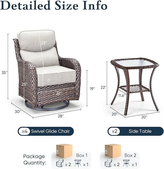 Belord Luxury 6" Thick Cushioned Outdoor Swivel Rocker Patio Chairs Set of 4 with Side Table, High Back Wicker Furniture Set with Ergonomic Zone Back, Conversation Set for Deck Porch - Brown+Blue