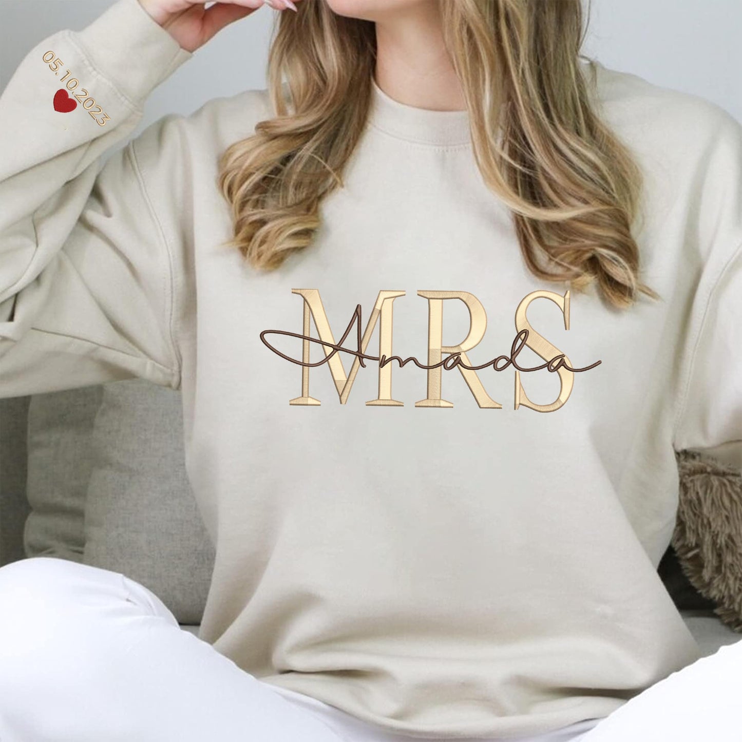 Givesmiles Custom Embroidered Mr & Mrs Sweatshirt & Hoodie, Personalized Couple Names, Custom Anniversary Date On Sleeve With Heart, Gifts For Wife, Husband, Gift For Anniversary, Couple Gifts