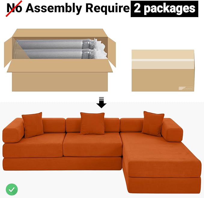 108" Oversized Convertible Sleeper Sofa Bed, Corduroy L Shape Sectional Couch, Folding Sofa Bed with Fixed-Shape Frame, Modern Cloud Floor Mattress Couch, Modular Sofa for Living Room, Orange