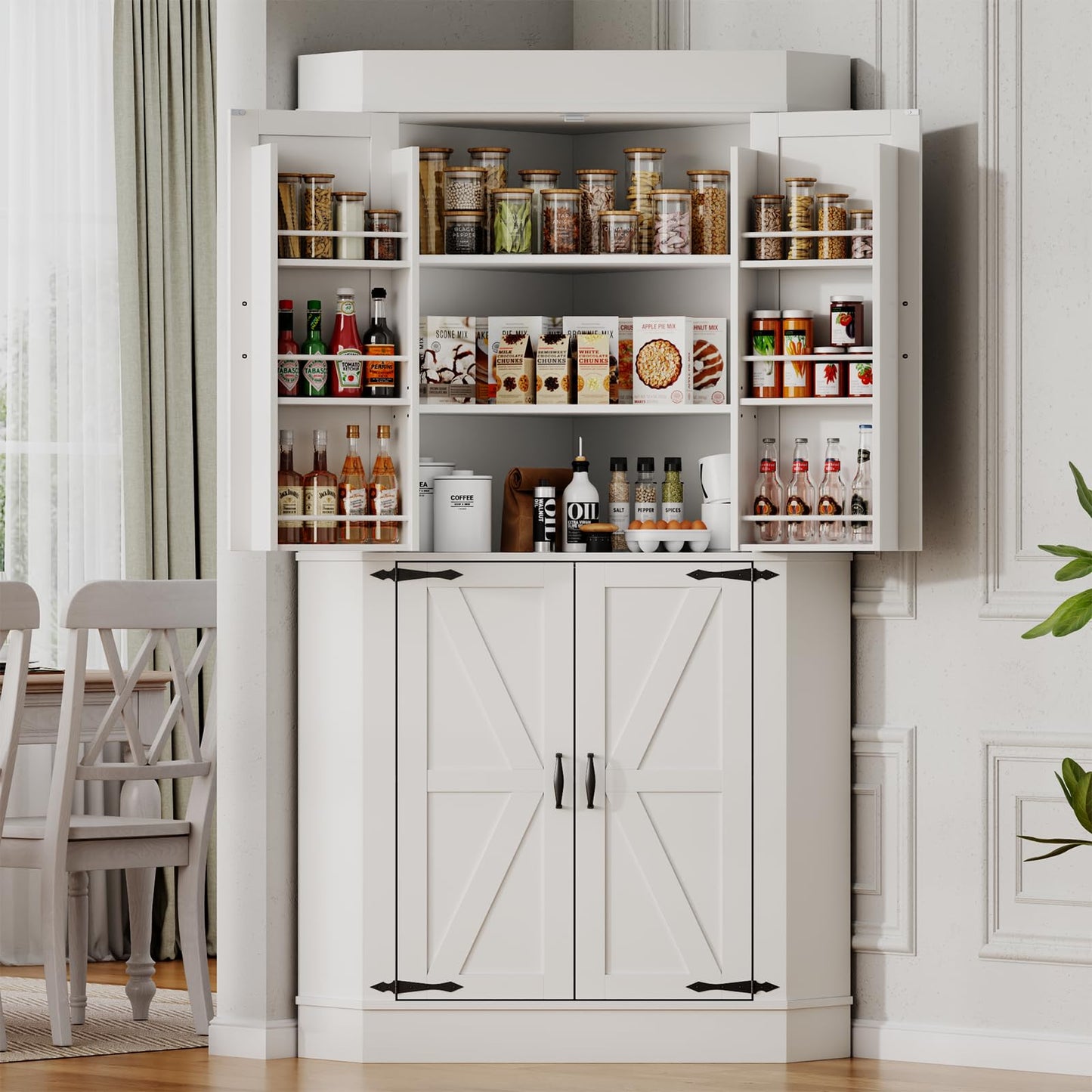 Gyfimoie Corner Cabinet,Kitchen Pantry Storage Cabinets,Freestanding Corner Pantry Cabinet with 4 Doors and Shelves,Tall Food Pantry Farmhouse Furniture with Side Rack for Kitchen Dining Room (White)