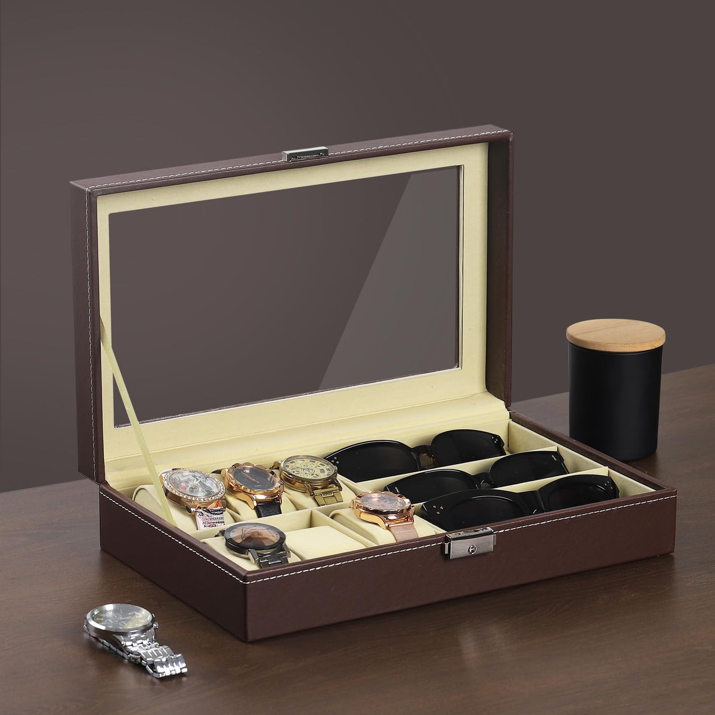 AUTOARK Leather 6 Watch Box Jewelry Case and 3 Piece Eyeglasses Storage and Sunglass Glasses Display Case Organizer,Brown,AW-020