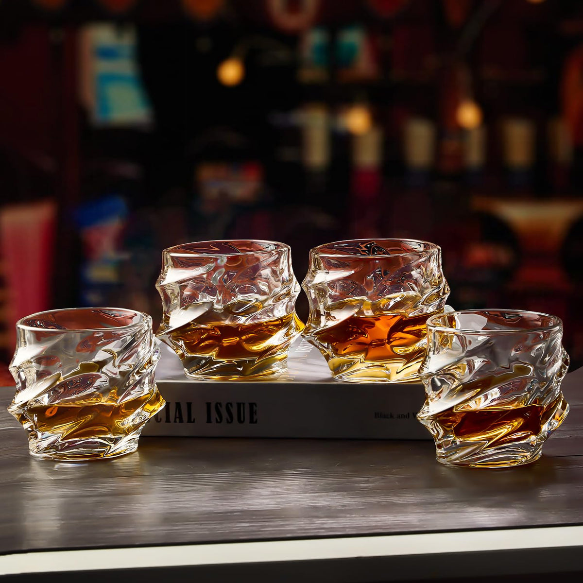 GLASKEY 12 oz Hand Blown Crystal Whiskey Glasses Set of 4, Unique Cognac Glass, Heavy Thick Bottom Bar Glass for Scotch Bourbon Rum Gin Water Cocktail,Gifts Men Gifts Ideas