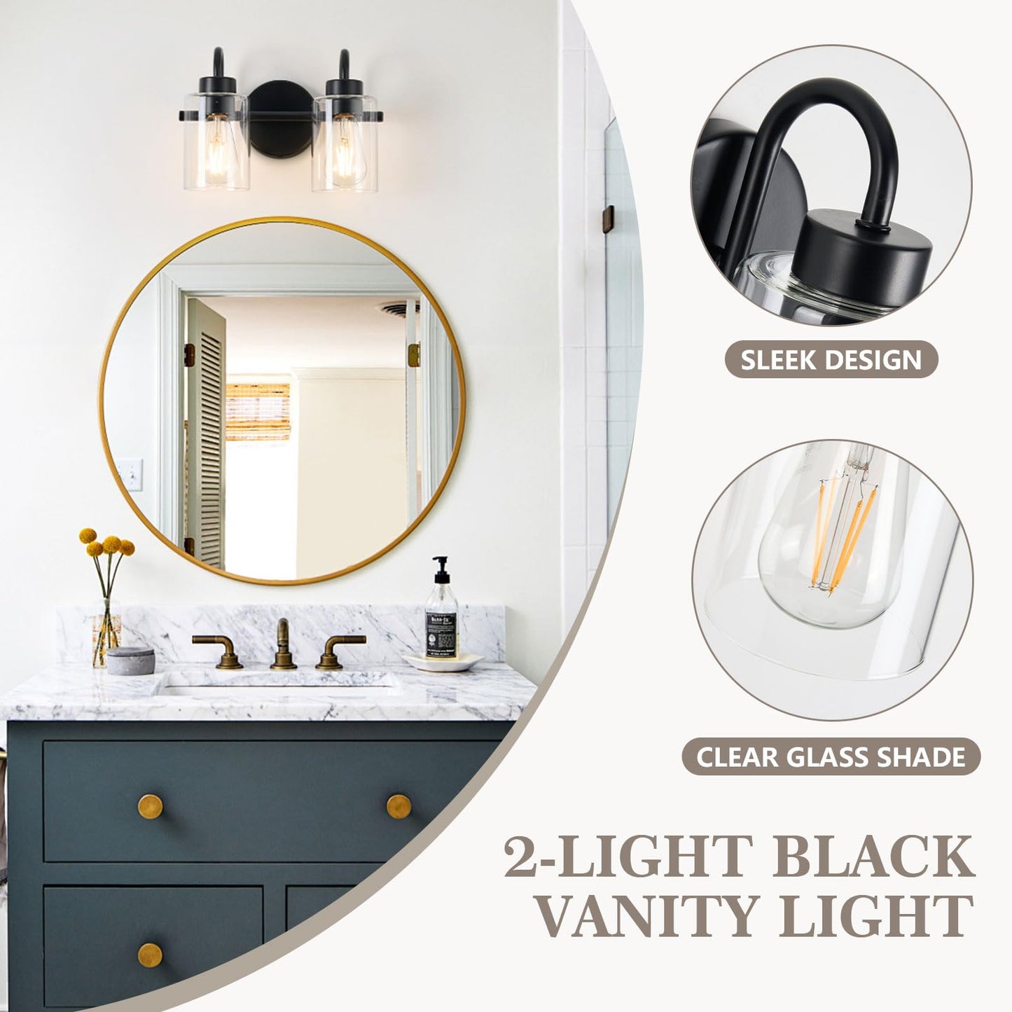 AURYNIX 2-Light Black Bathroom Light Fixtures with Clear Glass Shade, Modern Wall Sconces, Vanity Lights for Bathroom, Mirror, Powder Room, Living Room