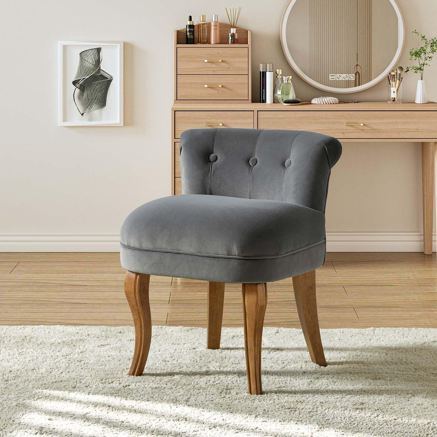 HULALA HOME Velvet Vanity Stool with Low Back, Modern Vanity Chair with Solid Wood Legs, Small Upholstered Makeup Chair Home Decor for Bedroom Living Room Dressing Table, Women Girls, Grey