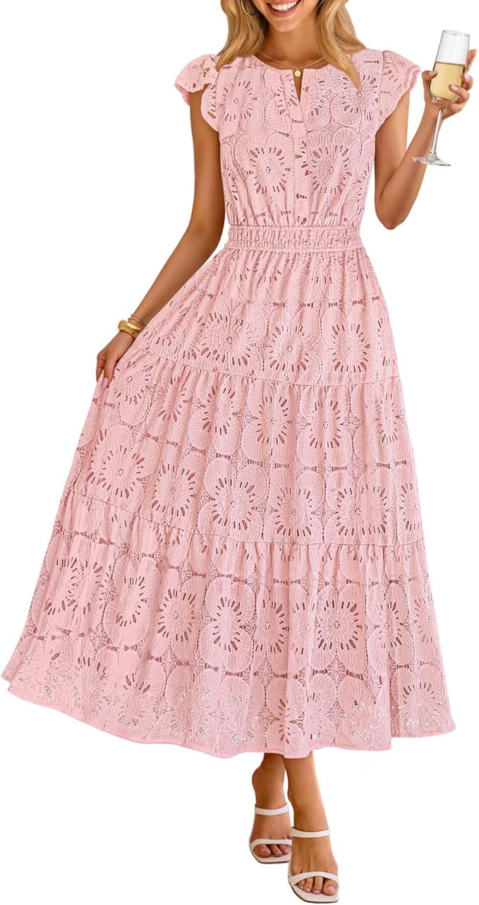 MEROKEETY Women's Summer Lace Eyelet Maxi Dress 2026 Spring Casual Boho Flutter Sleeve Tiered Flowy Beach Vacation Dresses