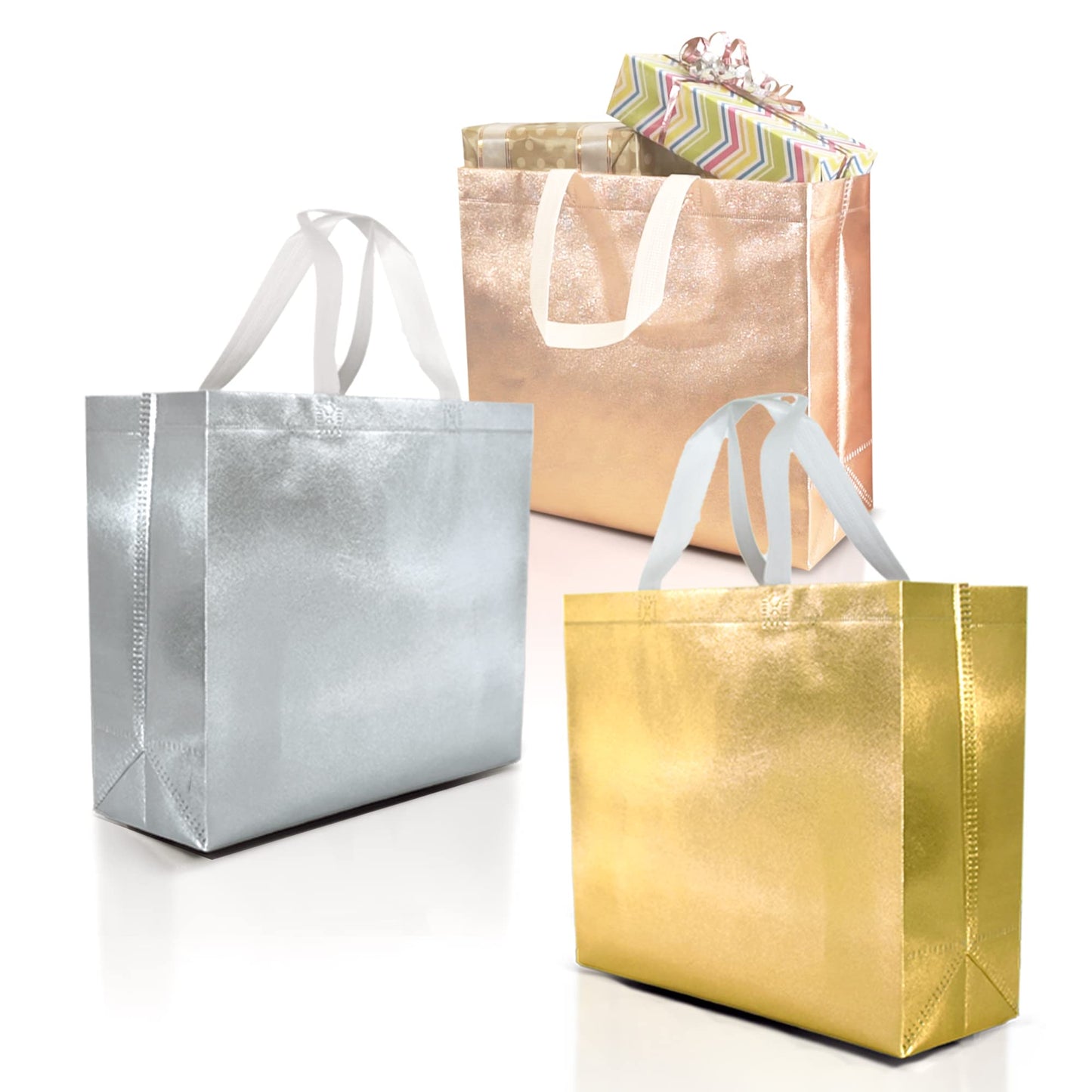 Nush Nush 15 Gift Bags Luxury Mix Color Set - Rose Gold, Silver, Gold Reusable Gift Bags With White Handles for Christmas, Goodie, Birthday - 13Wx5Dx11H Size
