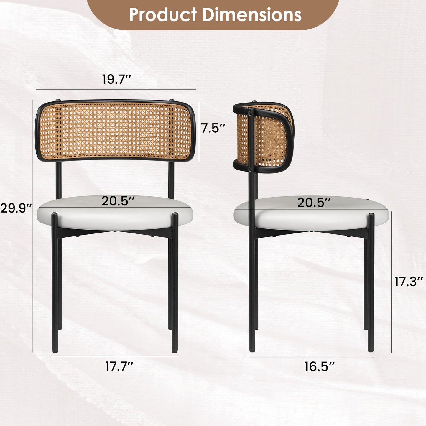 Farini Dining Chairs Set of 4, PU Leather Upholstered Seat with Woven Rattan Back, Sturdy Metal Legs Modern Side Chairs for Kitchen Living Room Restaurant, Beige
