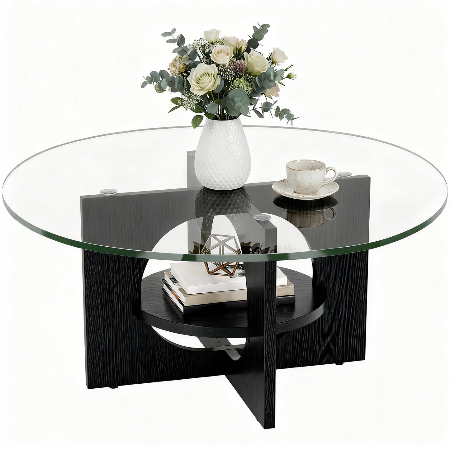 YITAHOME Round Coffee Table, 2-Tier Glass Coffee Tables with Storage, Multi-Purpose Modern Center Table or Cocktail Table for Living Room, Office, Lounge, Black