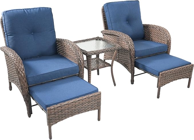 Rilyson Wicker Patio Furniture Set - 5 Piece Balcony Furniture Set with Hidden Ottomans, Rattan Outdoor Patio Chairs with Side Table for Porch Deck Poolside Garden Brown/Blue