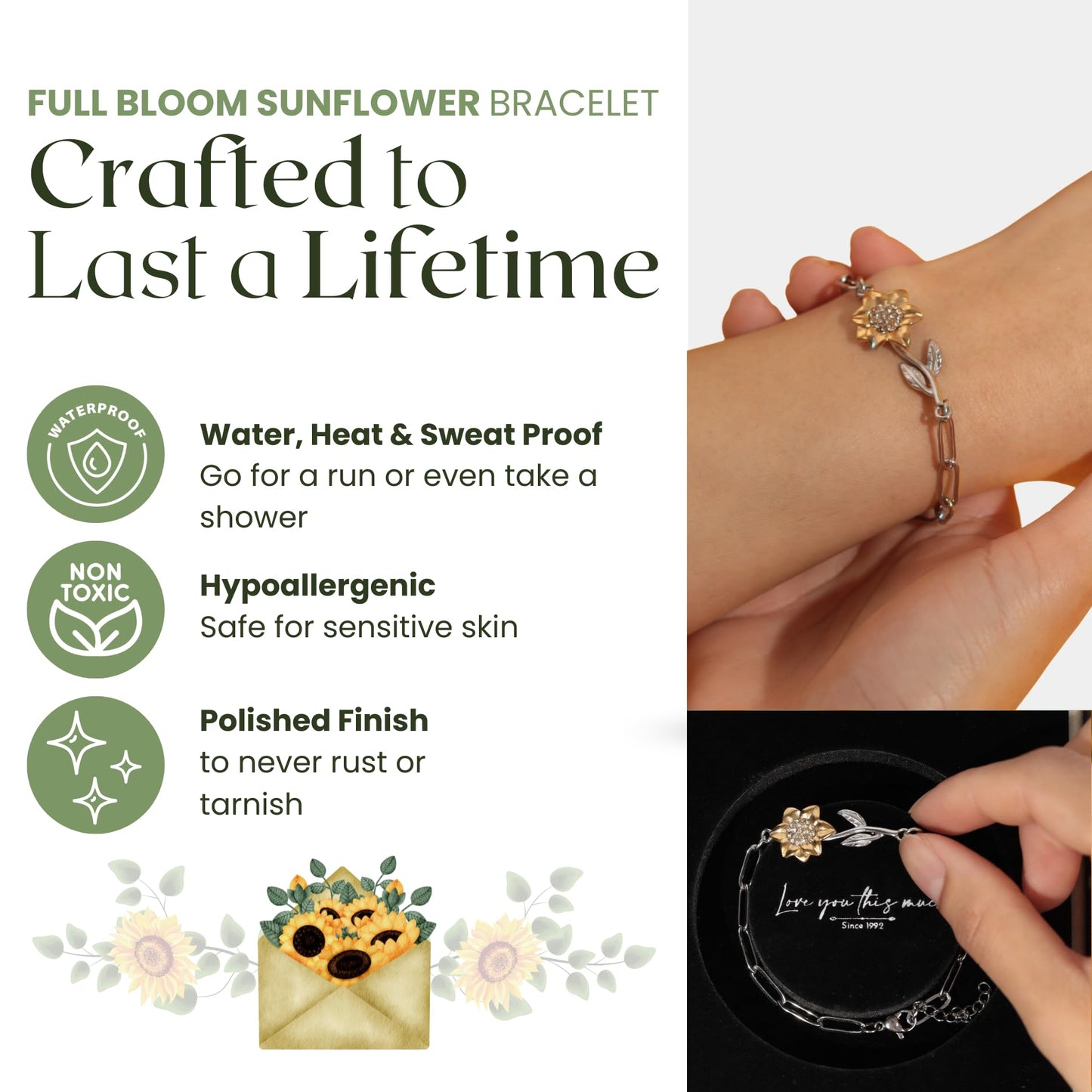 Love You This Much Meaningful Sons Girlfriend 18k Gold Sunflower Bracelet | Adjustable 6.5"+1.5" Length | Present for Sons Girlfriend | Luxury Gift Box & Card (Enchanting Sunflower)