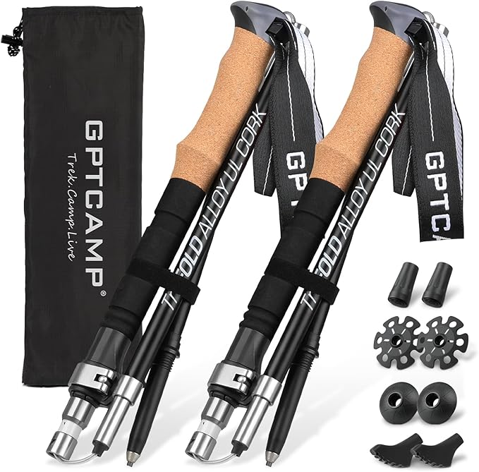 GPTCAMP Nordic Walking Stick, TPZ-1, 2pc Folding Collapsible Hiking Poles with Metal Quick Lock, Cork Handle, Lightweight ...