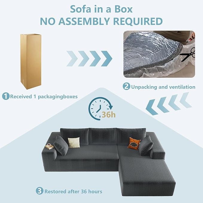 96" Cloud Sectional Couch with L-Shape Chaise, Modern Corduroy Boneless Couch for Living Room,Memory Foam Sofa with Deep Seat,No Assembly Required (Grey,Right-Facing Chaise)