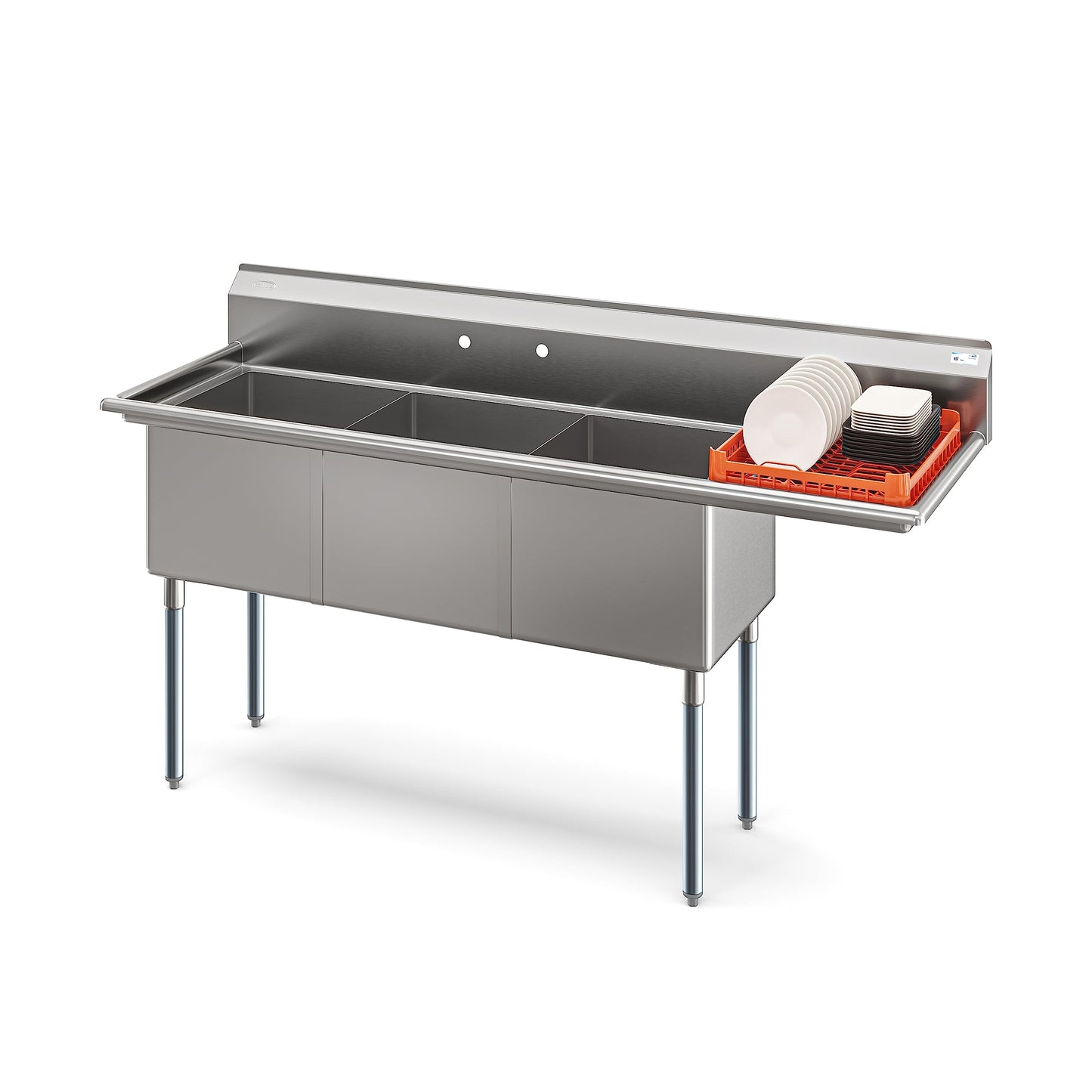 KoolMore 75 in. Three Compartment 18-Gauge Stainless-Steel NSF Commercial Kitchen Sink, Bowl Size 18x18x14, with Three Basins and Pre-Drilled Faucet Holes with a Right Drainboard (KM-SC181814-18R3)