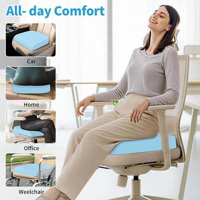 TranquilRelax Large Seat Cushion, Memory Foam Cushion for Long Sitting Hours on Office Chair, Home & Car, Non-Slip Chair Pad for Relieving Back & Sciatica & Hip & Coccyx Pain (Light Blue)
