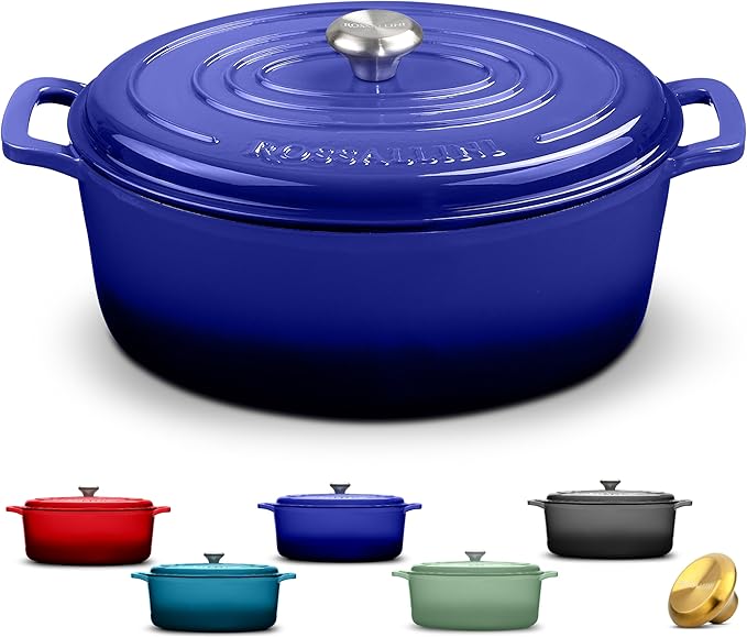 Signature Enameled Cast Iron Oval Dutch Oven | Non-Stick Serving Pot with Tight Fitting Lid for Perfect Roasting, Baking, Sauteing, and Bread Making | 9.5Q [Indigo Blue]