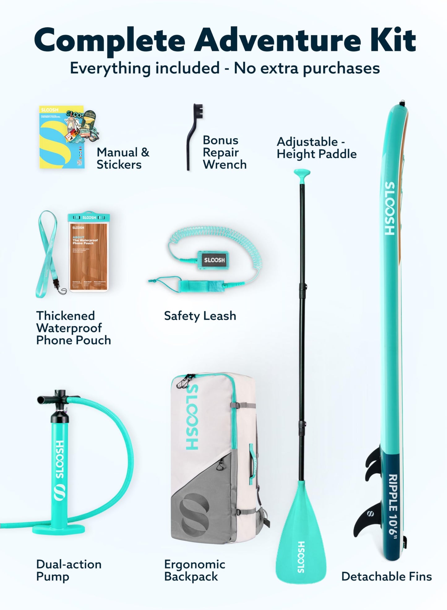 SLOOSH Inflatable Stand Up Paddle Board, 10'6" Paddle Boards with Premium Accessories, Non-Slip EVA Deck, Ultra-Light Carry Bag, Ripple SUP for Youth & Adults of All Skill Levels, Aqua Breeze