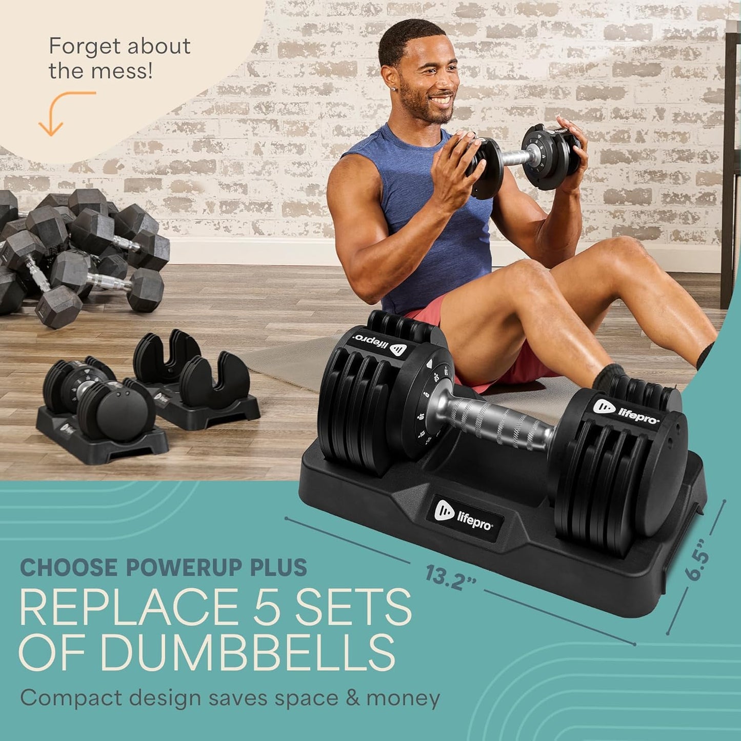 Lifepro Powerup Plus Adjustable Dumbbell Set — 5-25 lb with Twist-Select & Non-Slip Handle — Space-Saving Weights for Home Gym Strength Training