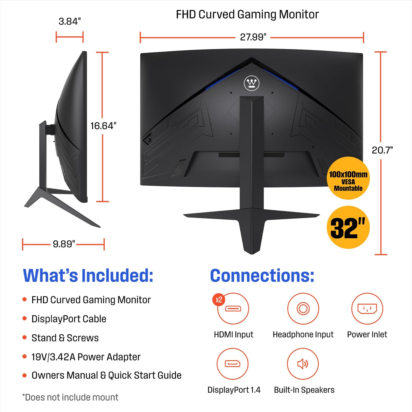 Westinghouse 32 Inch Curved Gaming Monitor, FHD 1080P, 3000:1 Contrast Ratio, 118% sRGB, 1500R, 165Hz, 1ms, AMD FreeSync, Eyecare, for PC Games with Built-in Speakers, DisplayPort, HDMIx2