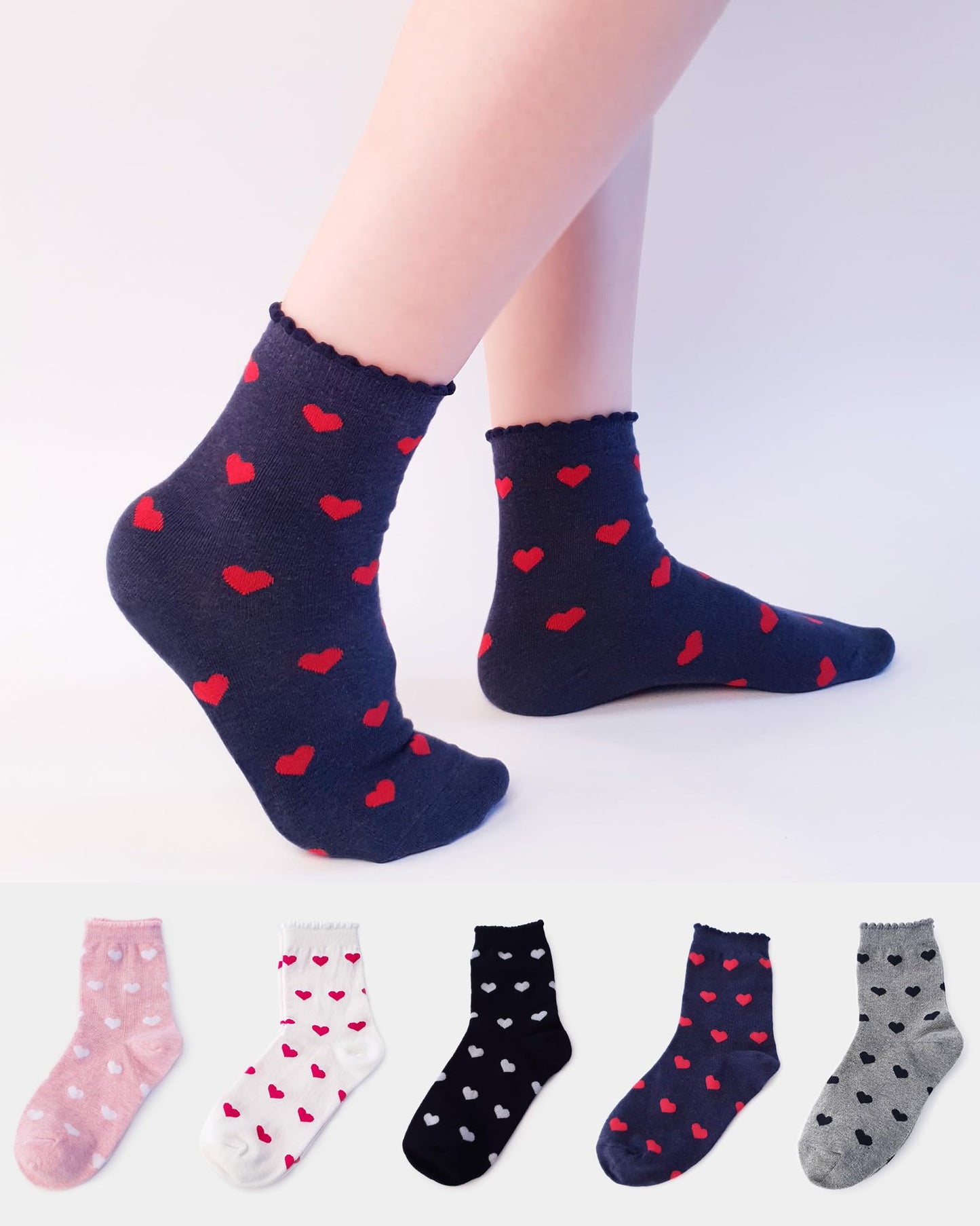 CUTIE MANGO 5 Pairs Women's Heart Pattern Print Cotton Daily Casual Crew Socks Novelty Premium K-Socks Fashion Soft Lovely Cute Crazy Fun Size 6,7,8,9,10 US for Womens - Navy