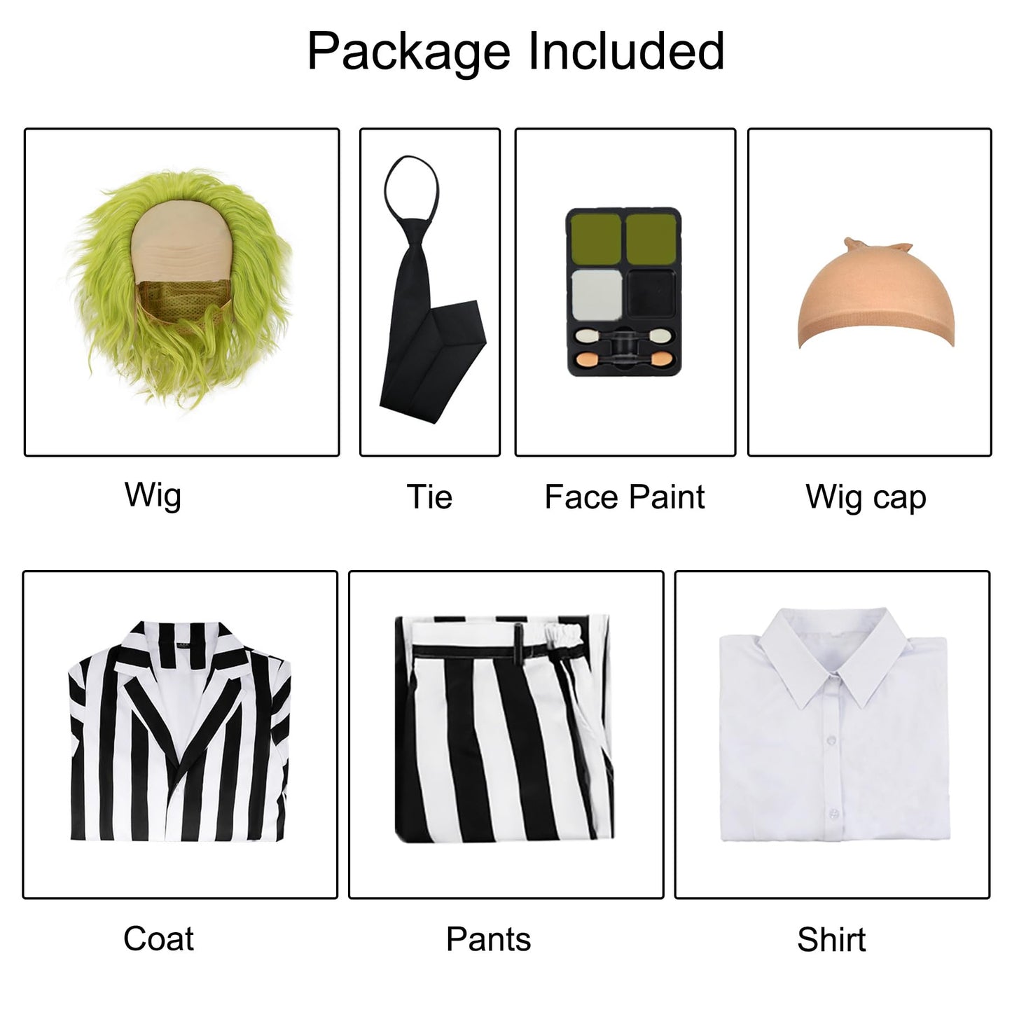DIYLN Adult Black and White Striped Suit Men 80s Horror Comedy Character Cosplay Outfit Scary Halloween Costumes with Shirt Tie Wig Makeup Kit DY040XXL