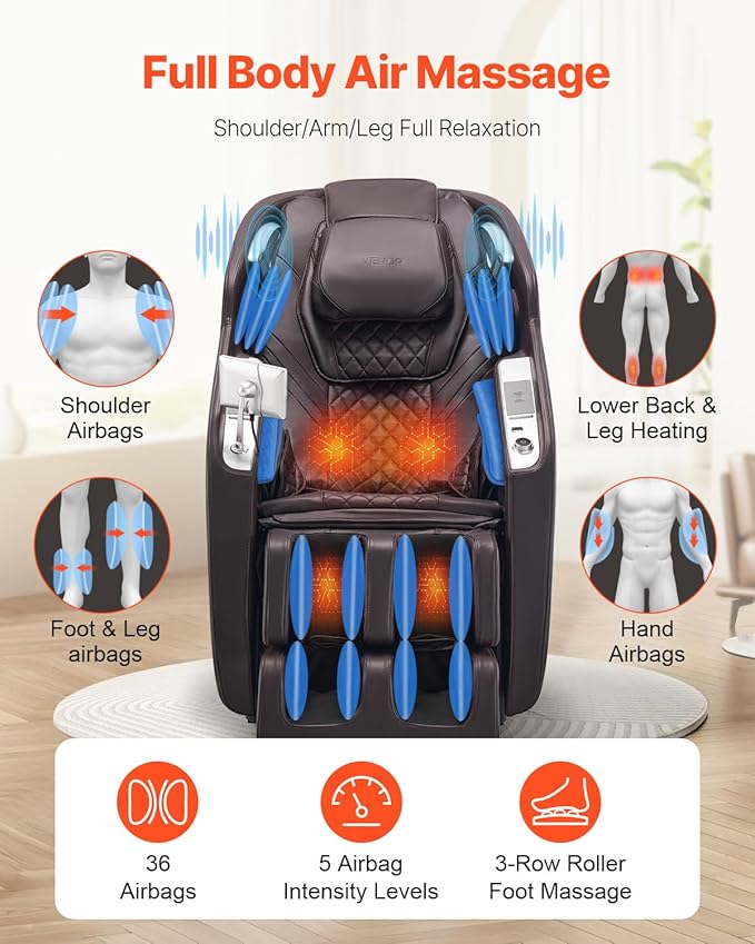 VEVOR Massage Chair, 4D Full Body Zero Gravity Recliner with SL Track, Yoga Stretch, AI Voice Control, Heat, Foot Roller, Retractable Pedal, 36 Airbags, LCD, Armrest Controls, Rolling Base