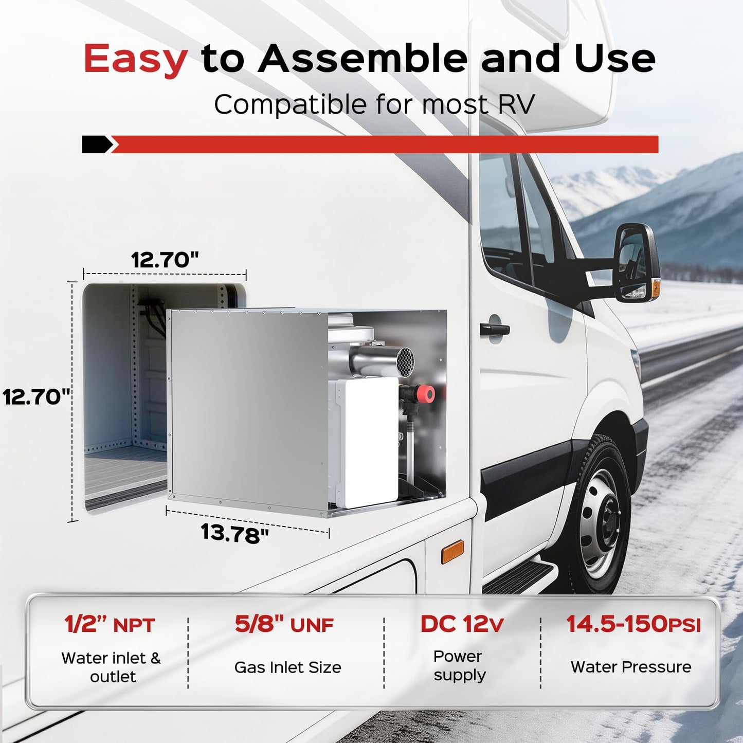 RVPart Pro 60,000 BTU RV Tankless Water Heater, 12V DC, Ideal for RV Families & Campers, Propane Gas On-Demand Instant Hot Water Heater, 3 Optional Door Sizes for Refitment, Compatible with All RVs