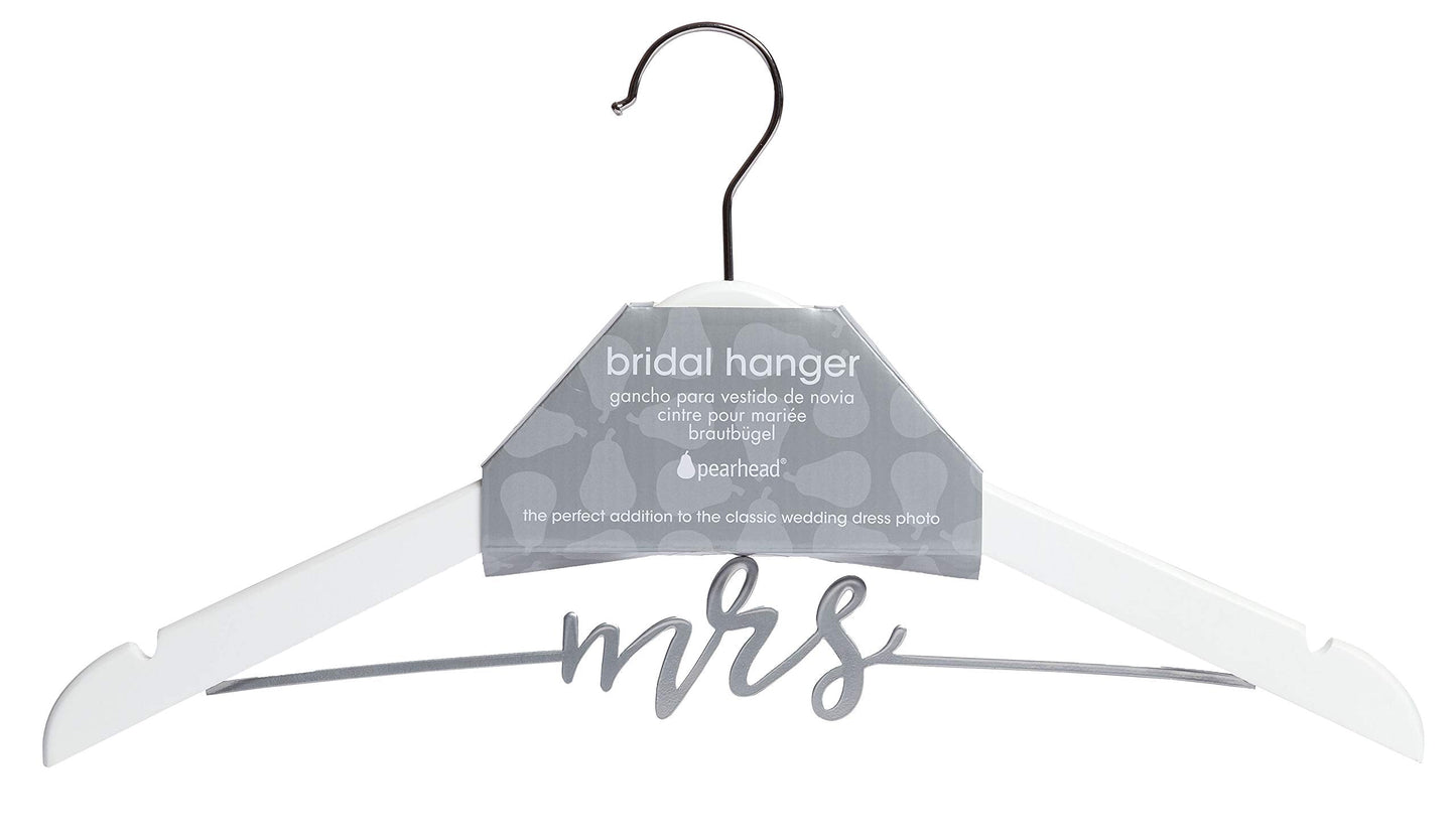 Pearhead Mrs. Wedding Dress Hanger – Elegant Wooden Bridal Keepsake with Cursive Wire Lettering, Perfect Photo Prop and Gift for Bride, White and Silver
