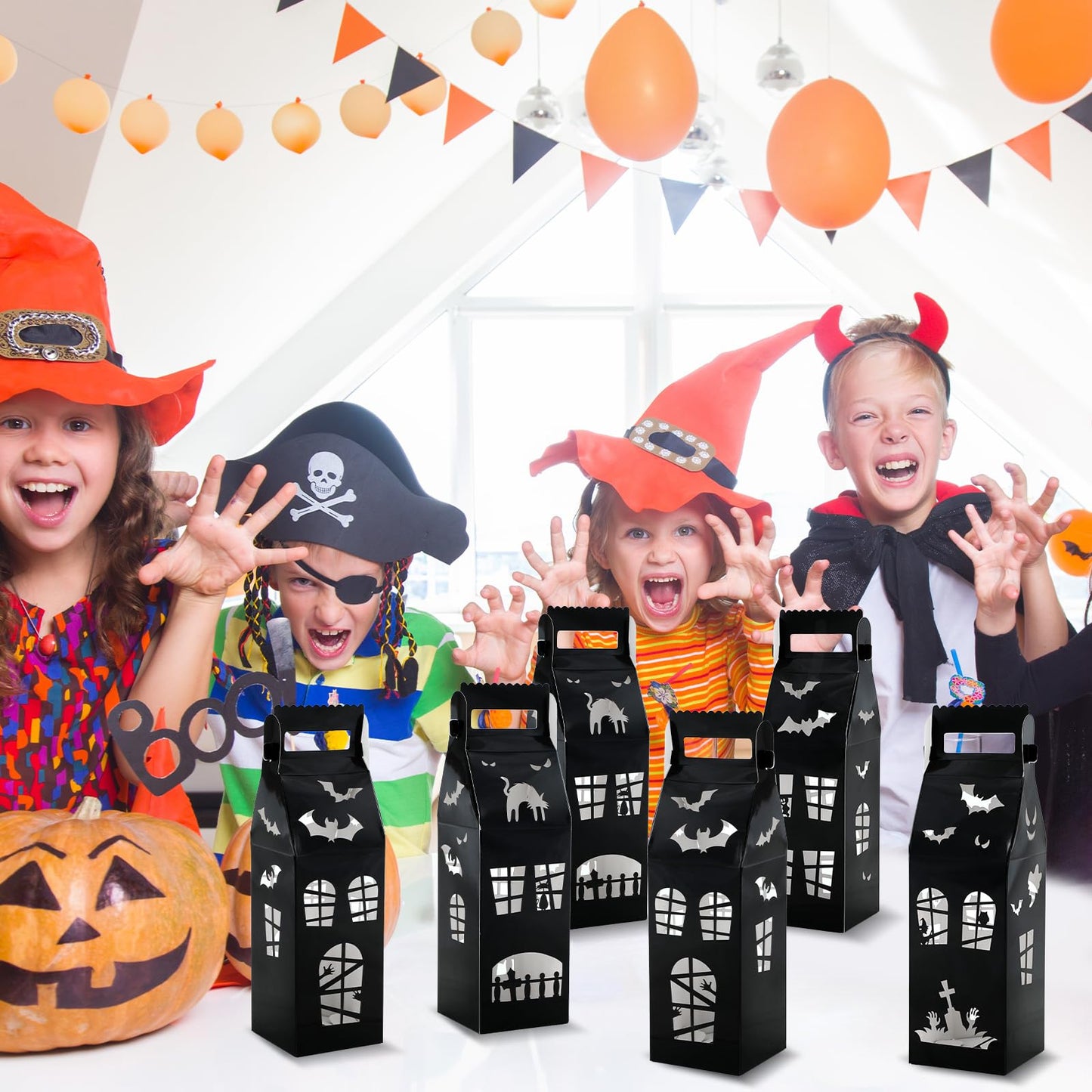 CHUNNIN 24pc Haunted House Gift Boxes for Halloween Party Decorations - House Shaped Treat Boxes with Handle