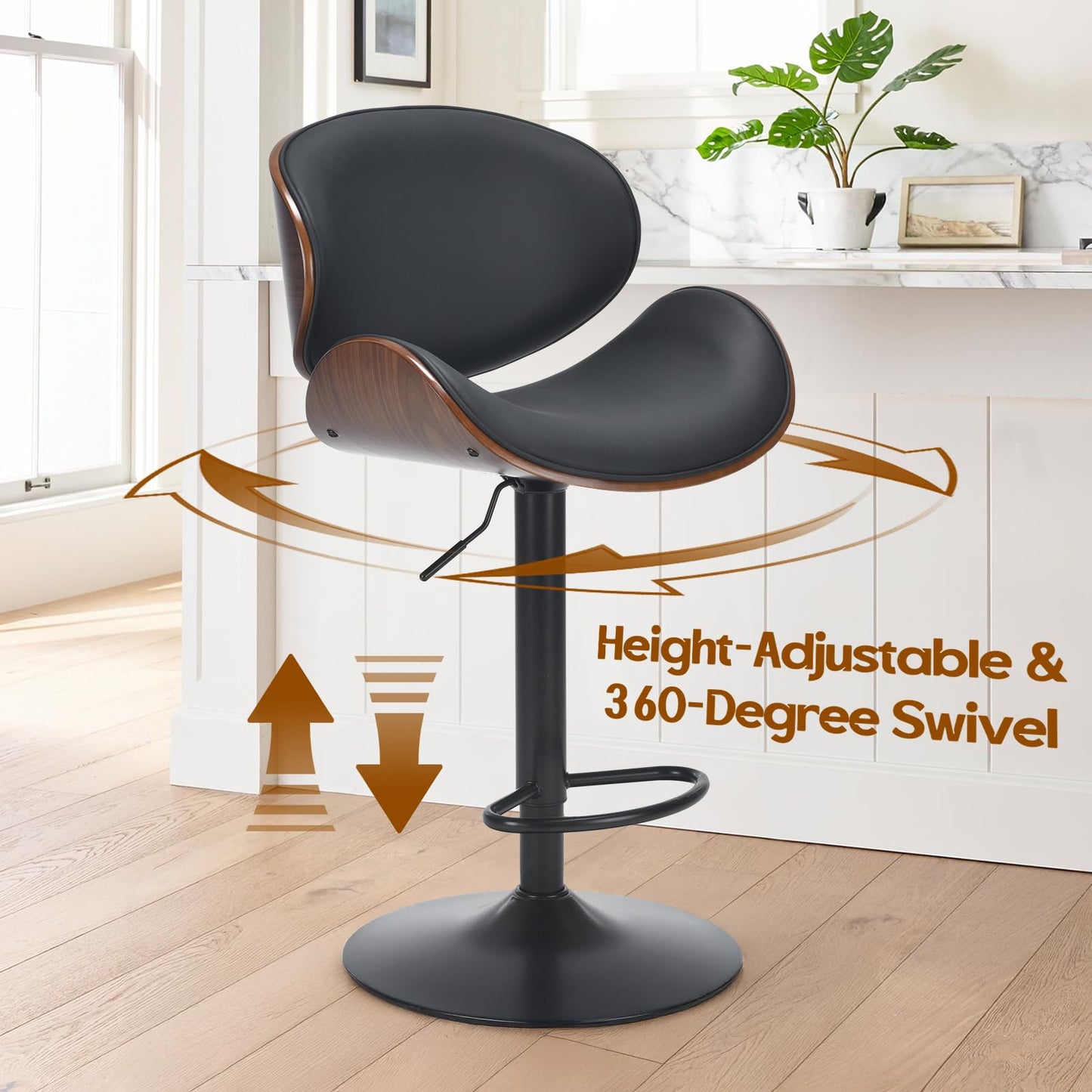 Soohow Adjustable Bar Stools Set for 2, Ergonomic Modern Swivel Bar Stools with Back for Kitchen Island, PU Leather Bar Stool with Footrest Mid Century Barstools, Industrial Counter Height Bar Stools