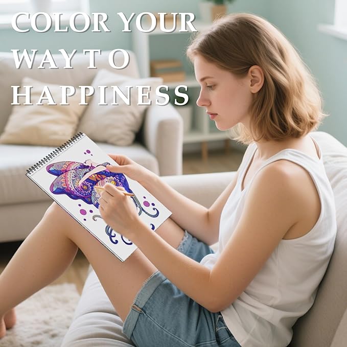 Hardcover Adult Coloring Book for Women Relaxation, 50 Patterns Spiral Bound Mindfulness Butterfly Coloring Books for Adult with 36 Dual-tip Markers, Inspirational Coloring Books Set Gift for Women