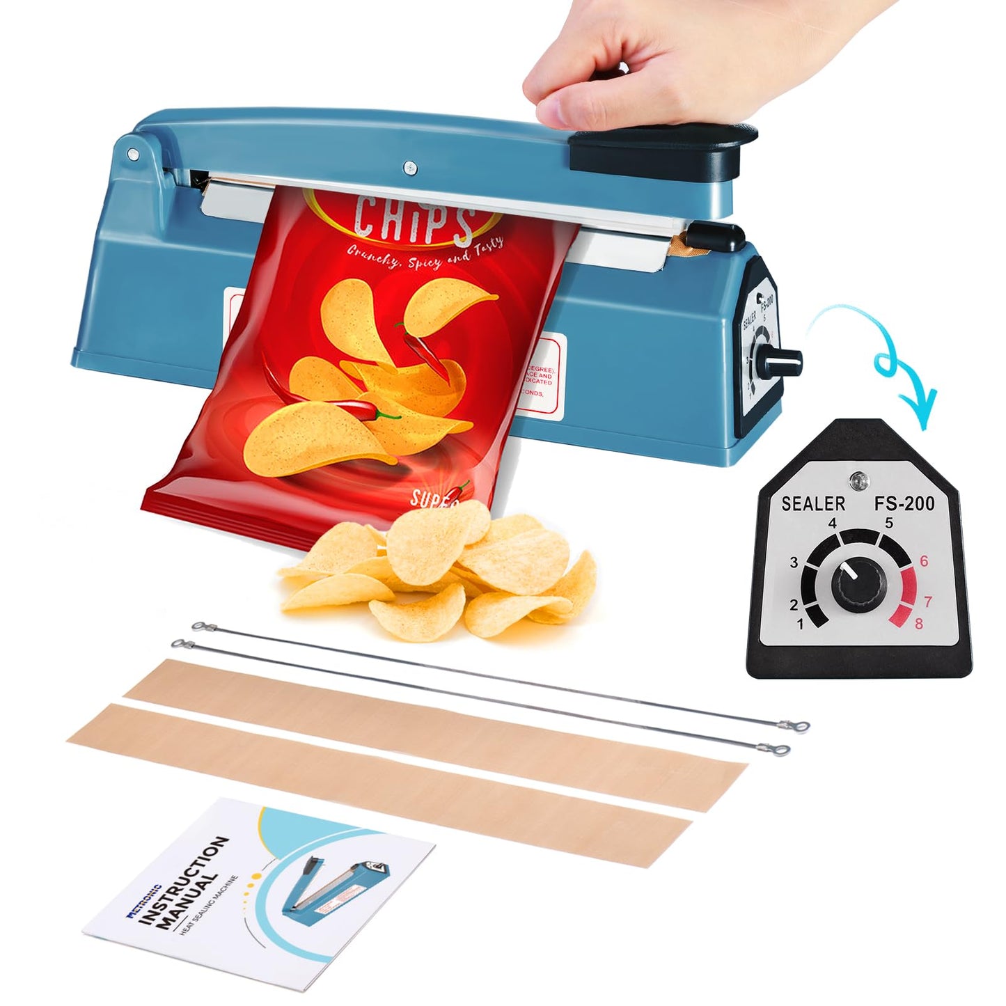 METRONIC Impulse Heat Sealer 8 Inch, Manual Bags Sealer Heat Sealing Machine Impulse, Sealer Machine for Plastic Bags PE PP Bags with Extra Replace Element Grip