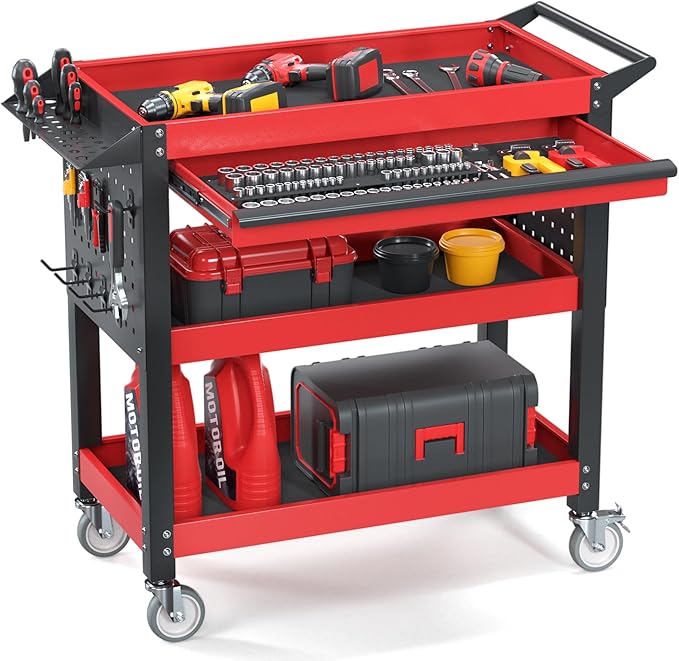 XCX 3 Tier Tool Cart on Wheels, Heavy Duty Metal Rolling with Drawers and Pegboards, 660 LBS Load Capacity Tool Storage Cart, Industrial Utility for Garage, Warehouse, Workshop