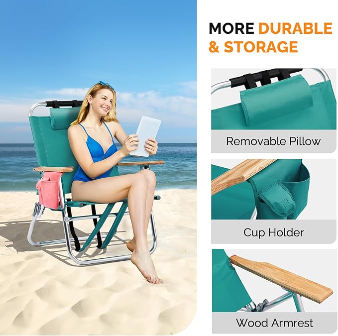 VINGLI Aluminum 13" Backpack Beach Chair – Tall Beach Chairs for Adults, Portable with Adjustable Straps, 3-Position Reclining, Cup Holder, High Lightweight Beach Chairs for Beach