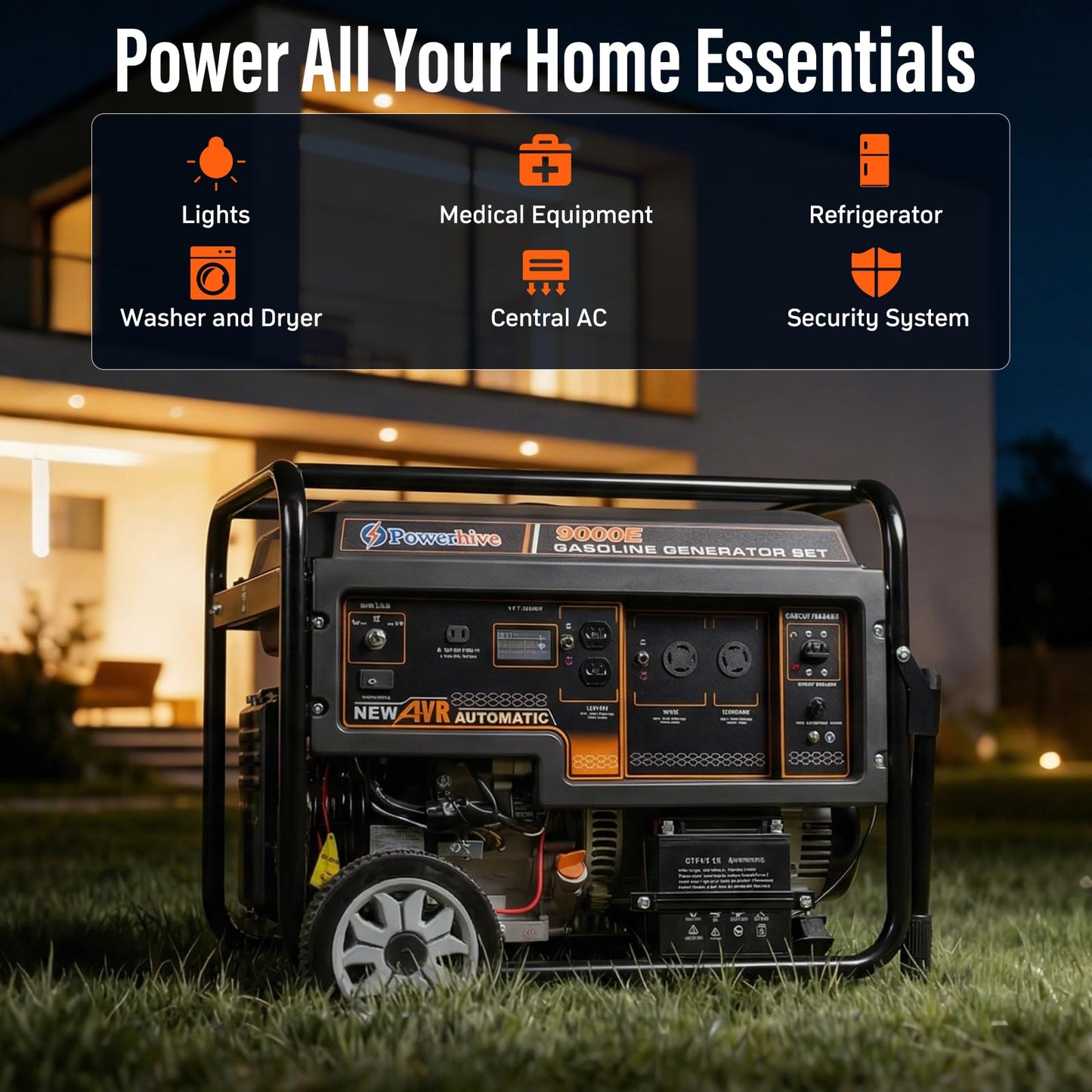 Powerhive 7500 Watt Generator, Remote Electric Start Gas Powered, Transfer Switch Ready with Wheel Kit, CO Sensor