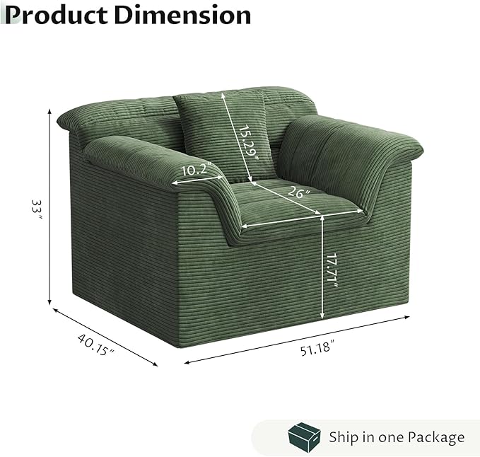 SUNG7 51" Cloud Sectional Couch, Modern Modular Sofa with Deep Seat, Comfy Compressed Single Sofa, Upholstered Corduroy Couches for Living Room, No Assembly Required, Green