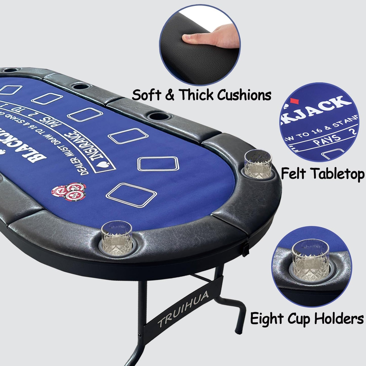 8 Player Folding Poker Table with 2 Interchangeable Game mats, Texas Holdem Poker and Blackjack, Collapsible Casino Table with Padded Rails and XXL Cup Holders for Wine and Whiskey Glasses (71 inch)