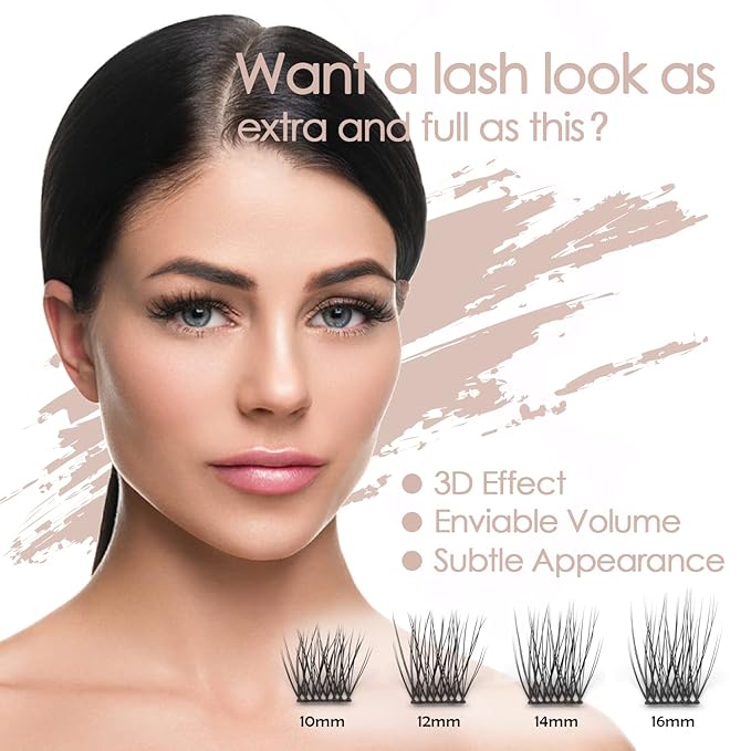 DIY Eyelash Extension, 3D Effect Glue Bonded Band Individual Lash 48 Clusters Volume Lashes Set, Home Eyelash Extension, C curl Lashes Pack 16MM-48 Clusters