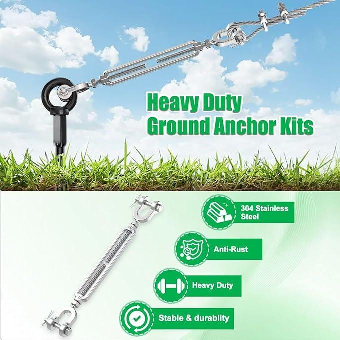 6 Pack 30" Heavy Duty Ground Anchors Shed Anchors Kit with 3/16" Galvanized Cable & M6 304 Stainless Steel Turnbuckles, Earth Anchors for Mobile Home Carport Gazebo Trampoline