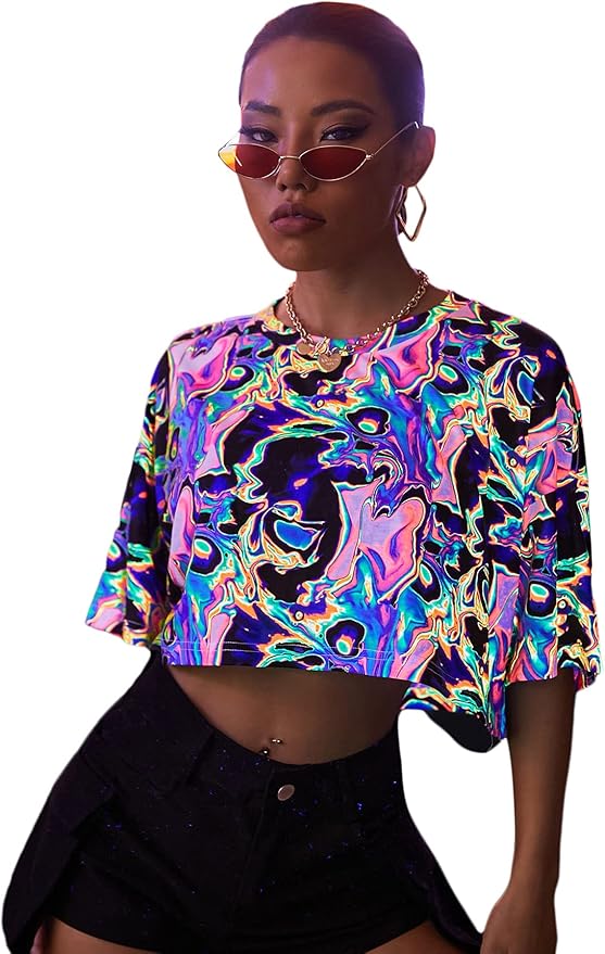 Floerns Women's Casual Reflective Short Sleeve Round Neck Crop Tops T Shirts