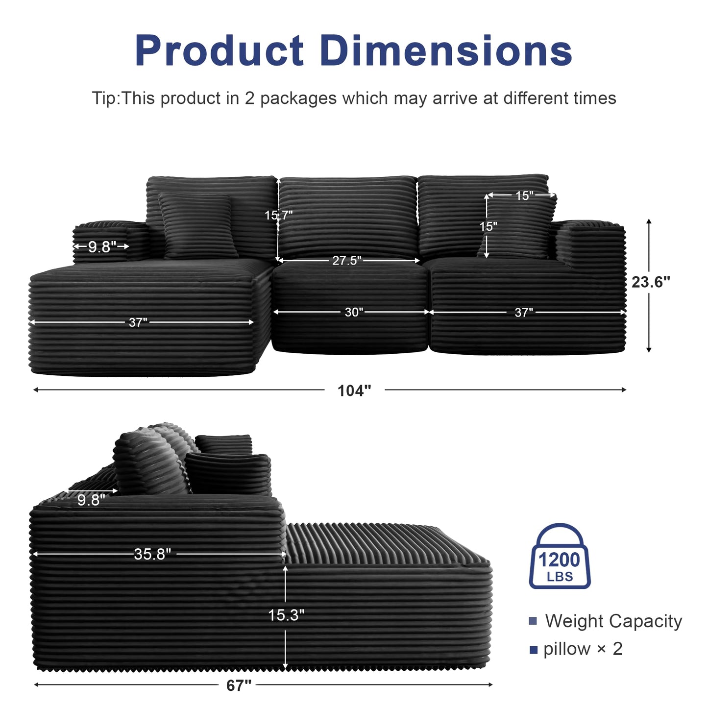 104" Modular Sectional Sofa with L-Shape Chaise, Modern Upholstered Cloud Couches for Living Room Bedroom, No Assembly Required, Dark Grey