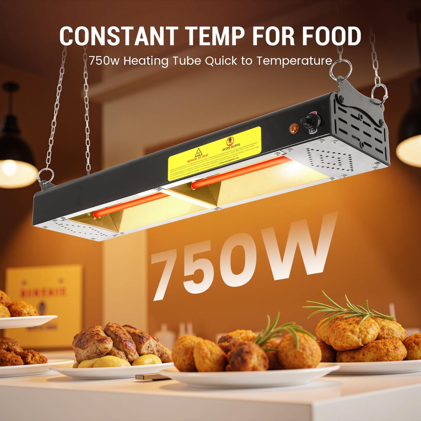 Hiteemer 24-Inch Food Heat Lamp, 750W Commercial Food Warmer Lamp Electric Strip Heater Overhead Stainless Steel Heat Lamps for Buffet Restaurant Parties Catering, Black 115V