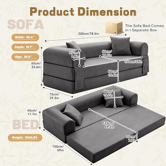 GJQ Convertible Sleeper Sofa Bed,78.5 Inch Faux Leather Futon Couch with Pillows & Storage Pocket,5-in-1 Folding Sofa Bed Queen with Pull Out Beds,Boneless Couches for Living Room,Couch in a Box,Gray